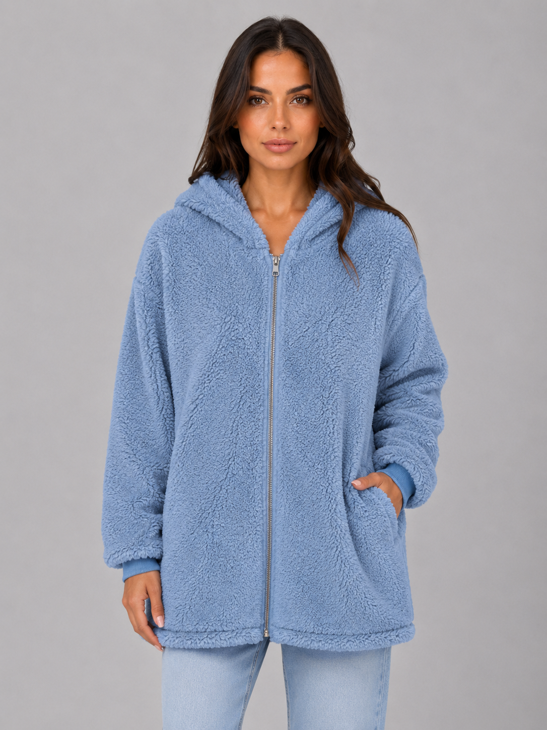 Women's Hooded Teddy Cardigan with Pockets – Longline Zip Plush Jacket