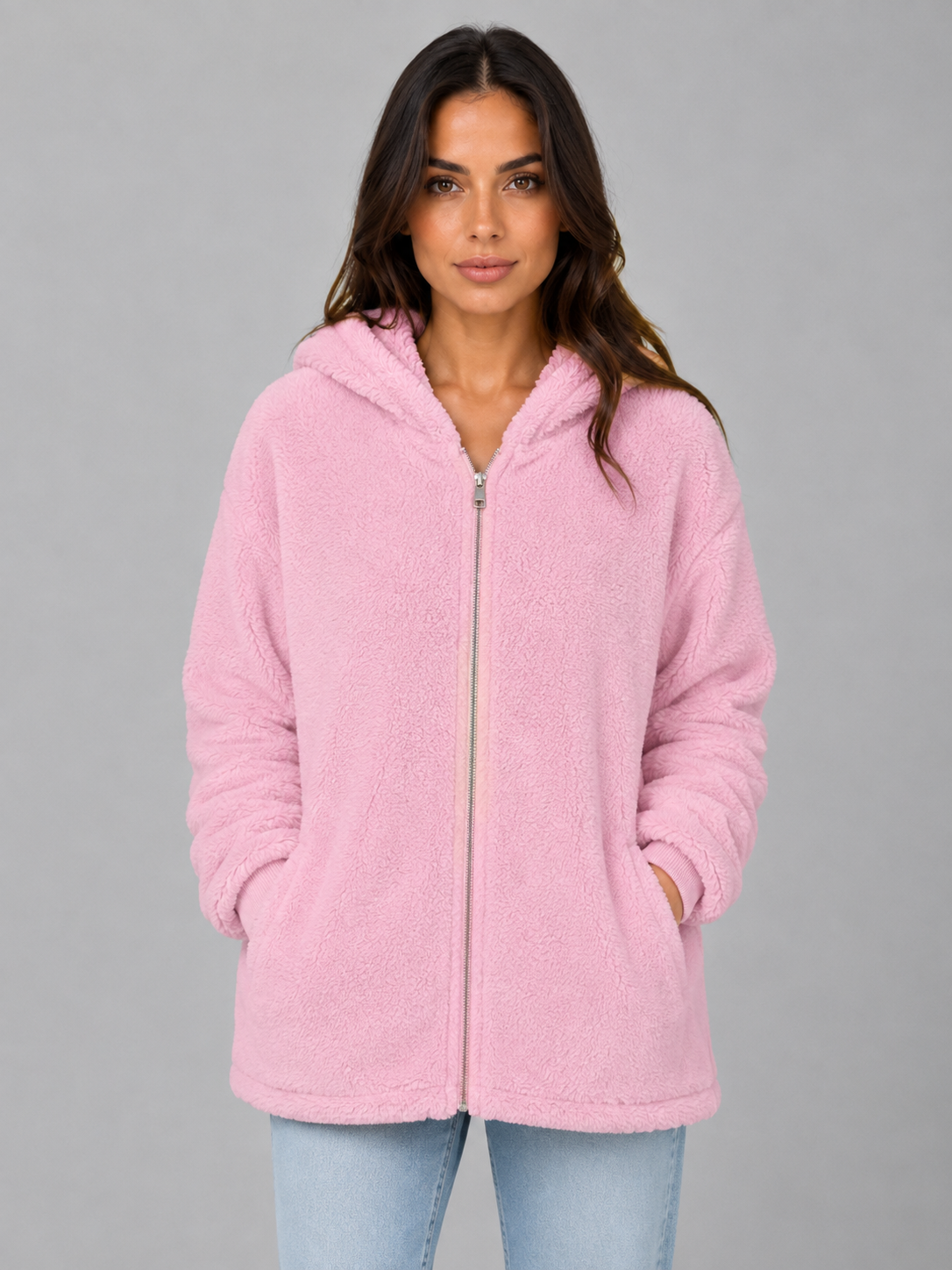 Women's Hooded Teddy Cardigan with Pockets – Longline Zip Plush Jacket