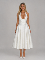 Women's Jacquard Halter Midi Dress – Full Skirt Occasion Style