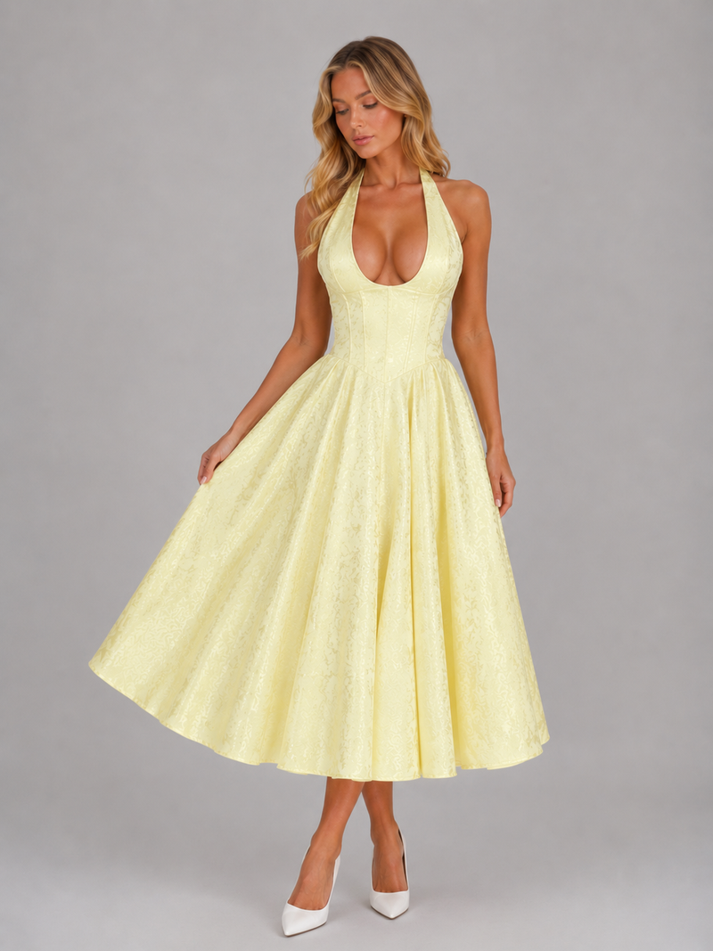 Women's Jacquard Halter Midi Dress – Full Skirt Occasion Style