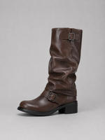 Women’s Knee-High Biker Boots – Buckle Detail Low Heel Boots