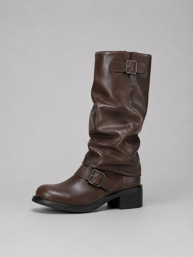 Women’s Knee-High Biker Boots – Buckle Detail Low Heel Boots
