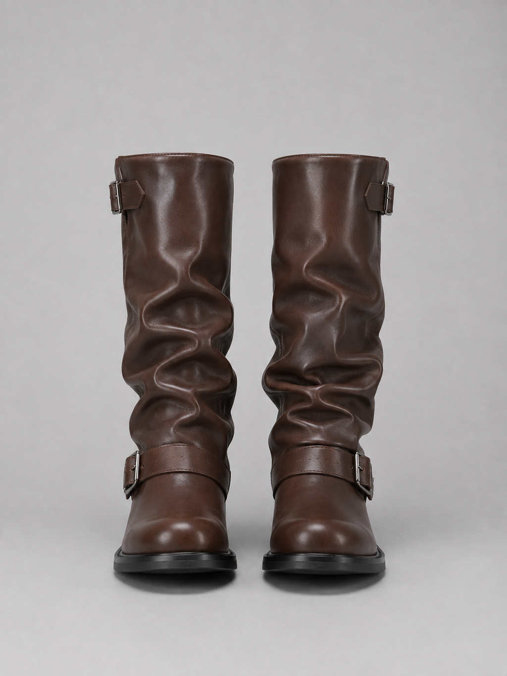 Women’s Knee-High Biker Boots – Buckle Detail Low Heel Boots