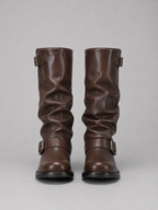Women’s Knee-High Biker Boots – Buckle Detail Low Heel Boots