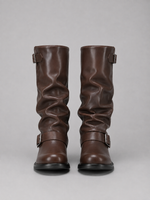 Women’s Knee-High Biker Boots – Buckle Detail Low Heel Boots