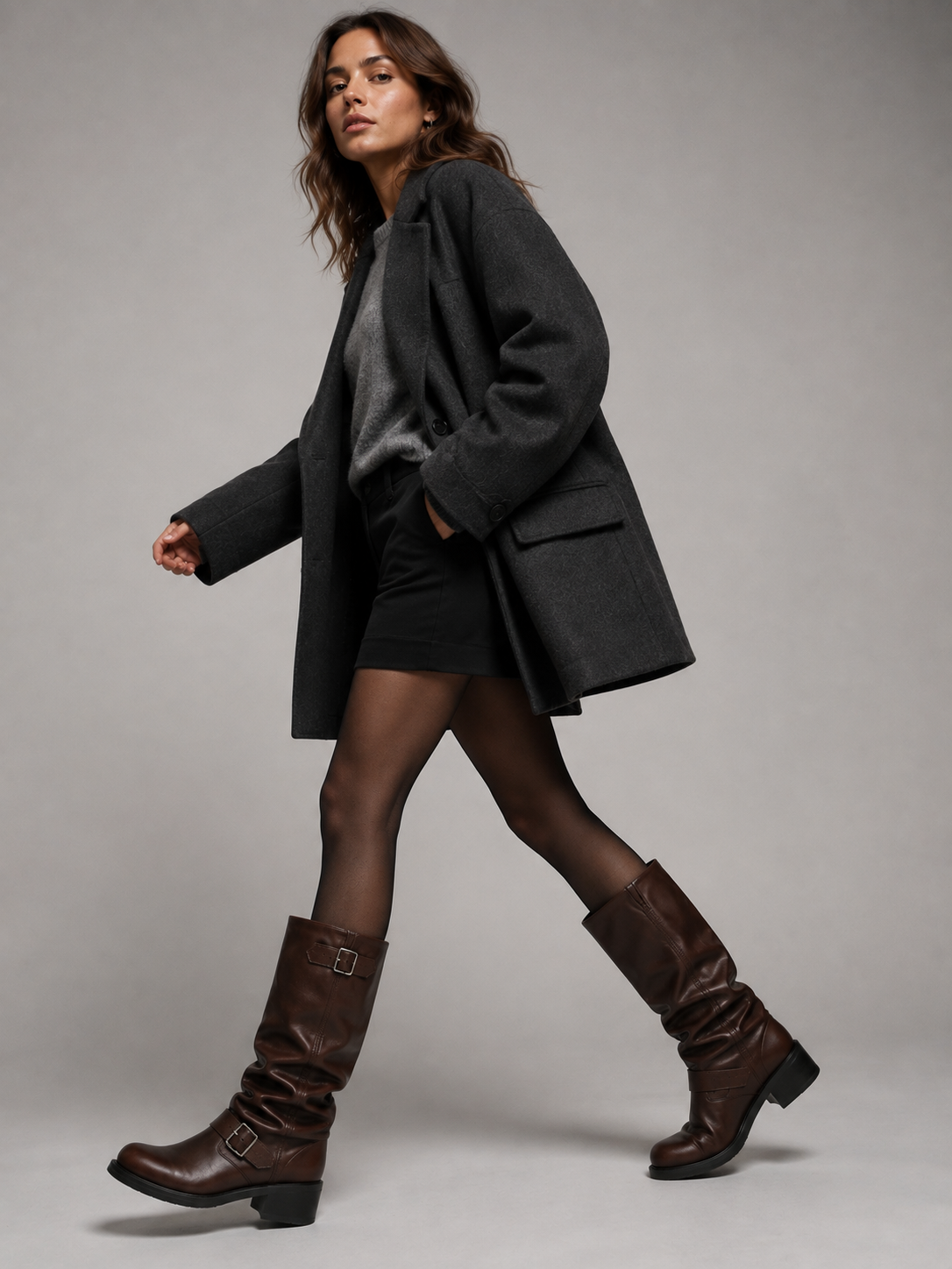 Women’s Knee-High Biker Boots – Buckle Detail Low Heel Boots
