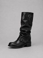 Women’s Knee-High Biker Boots – Buckle Detail Low Heel Boots