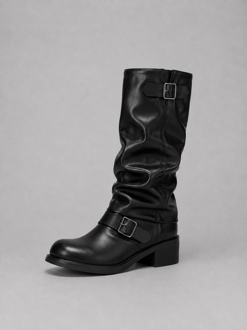 Women’s Knee-High Biker Boots – Buckle Detail Low Heel Boots