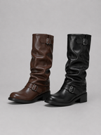 Women’s Knee-High Biker Boots – Buckle Detail Low Heel Boots