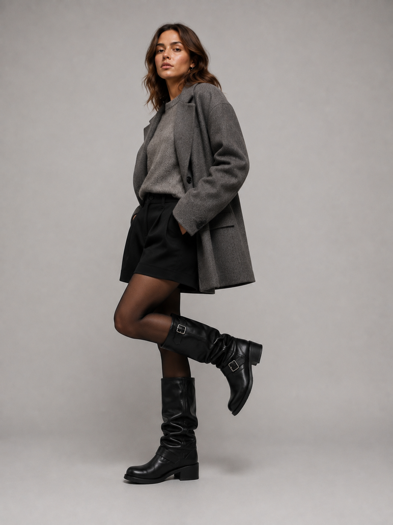 Women’s Knee-High Biker Boots – Buckle Detail Low Heel Boots