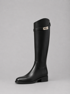Women’s Knee High Leather Look Riding Boots – Buckle Detail Flat Boots
