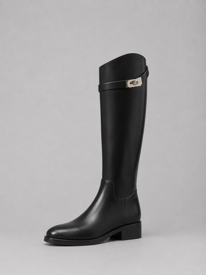 Women’s Knee High Leather Look Riding Boots – Buckle Detail Flat Boots