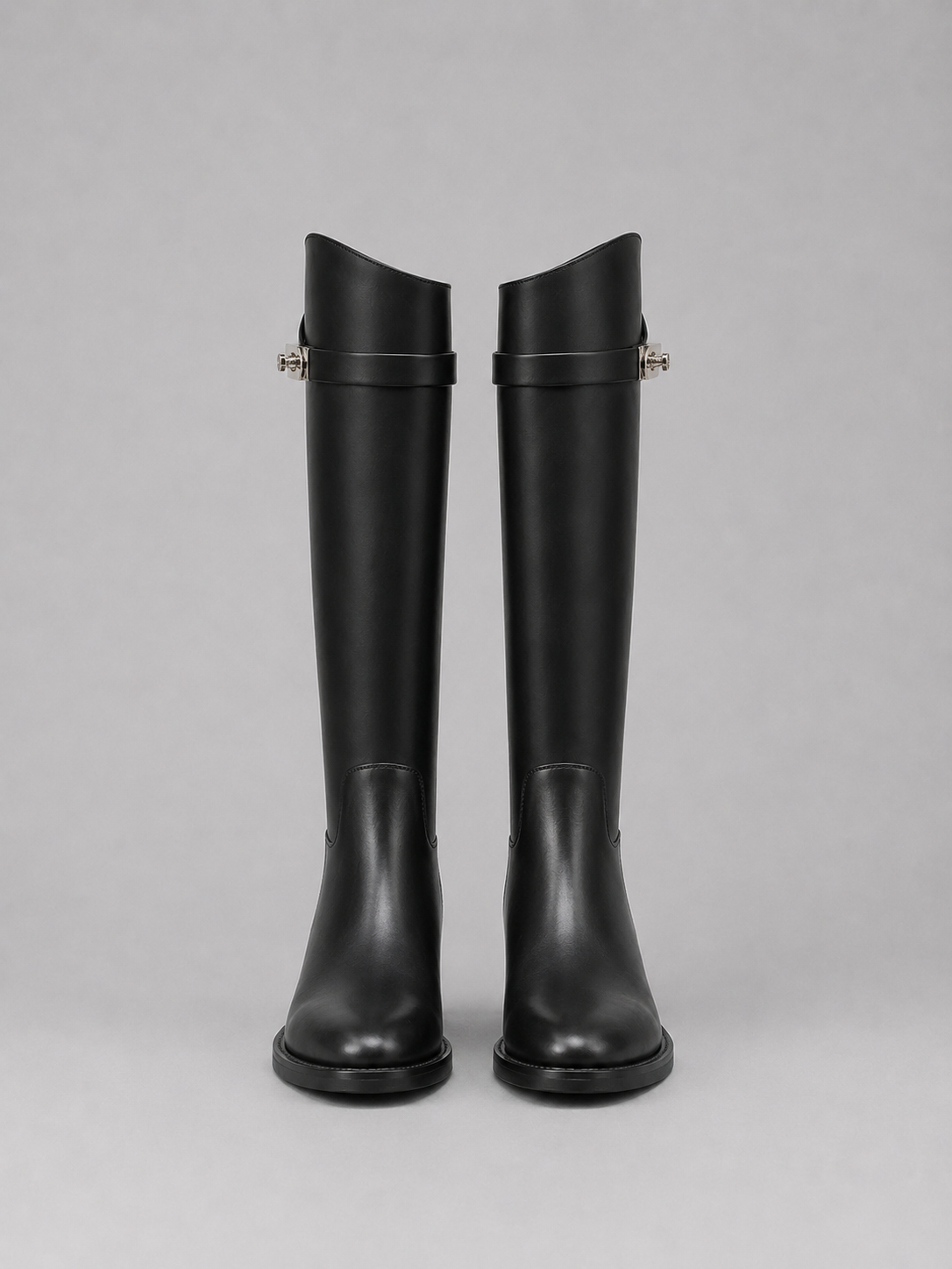 Women’s Knee High Leather Look Riding Boots – Buckle Detail Flat Boots
