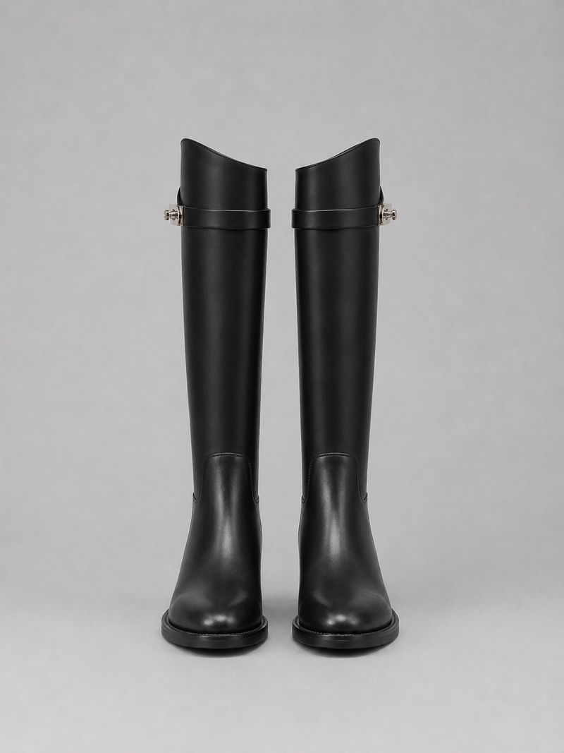 Women’s Knee High Leather Look Riding Boots – Buckle Detail Flat Boots