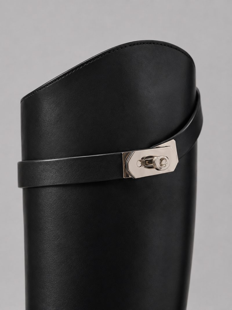 Women’s Knee High Leather Look Riding Boots – Buckle Detail Flat Boots
