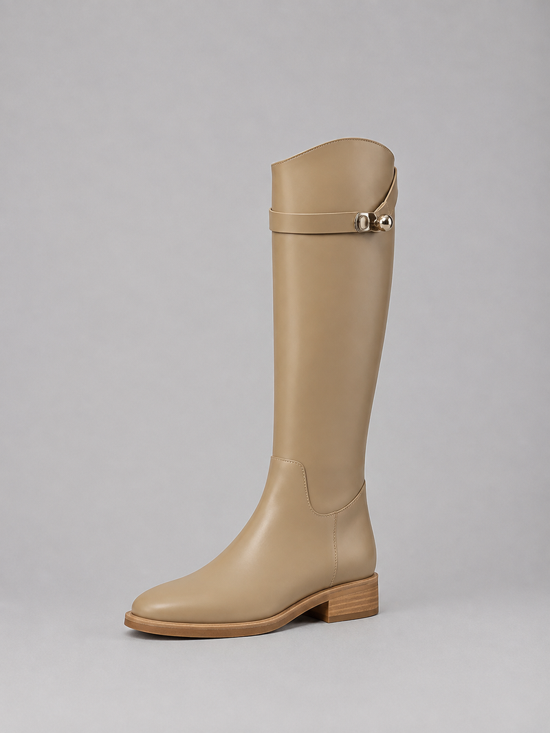 Women’s Knee High Leather Look Riding Boots – Buckle Detail Flat Boots