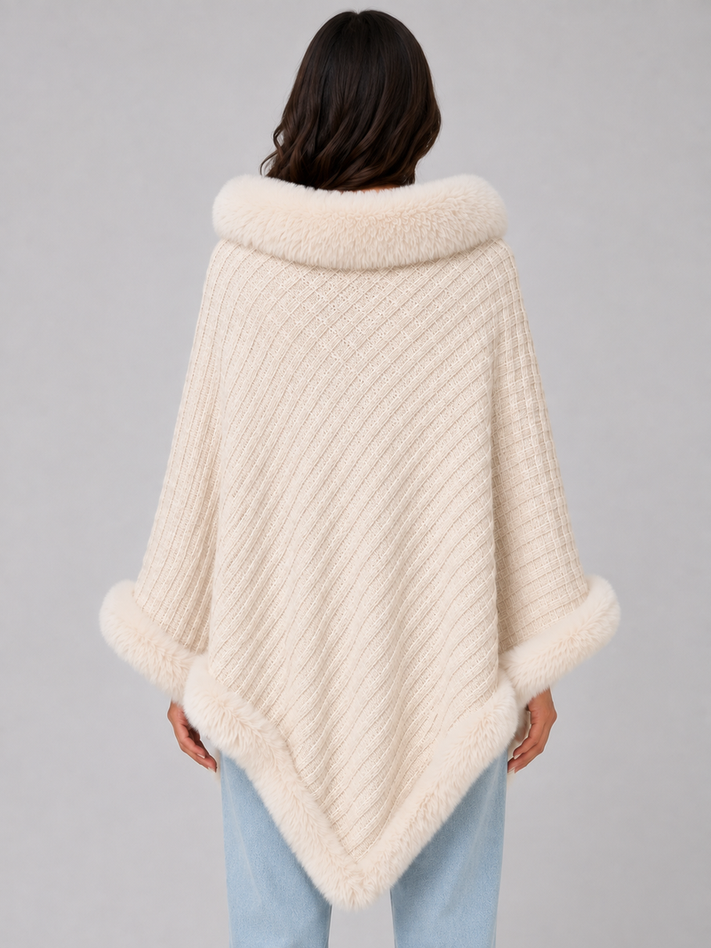Women’s Knitted Cape Coat – Faux Fur Trim Poncho