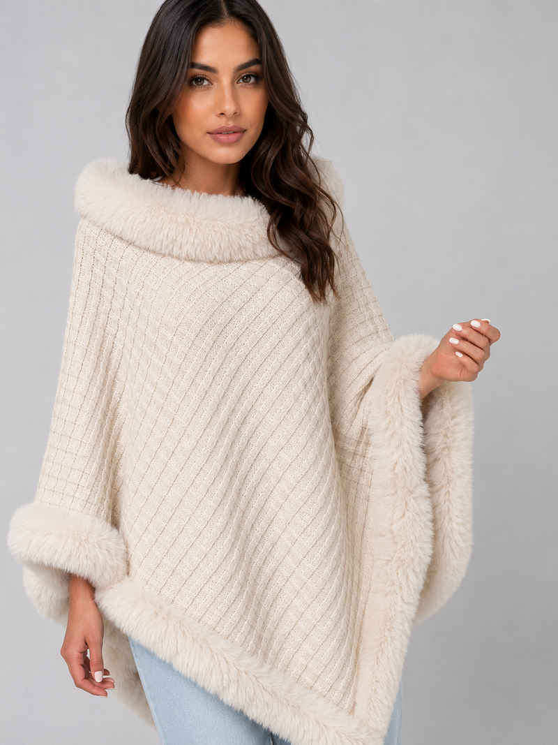 Women’s Knitted Cape Coat – Faux Fur Trim Poncho