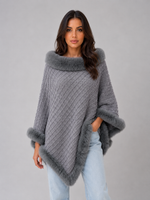 Women’s Knitted Cape Coat – Faux Fur Trim Poncho