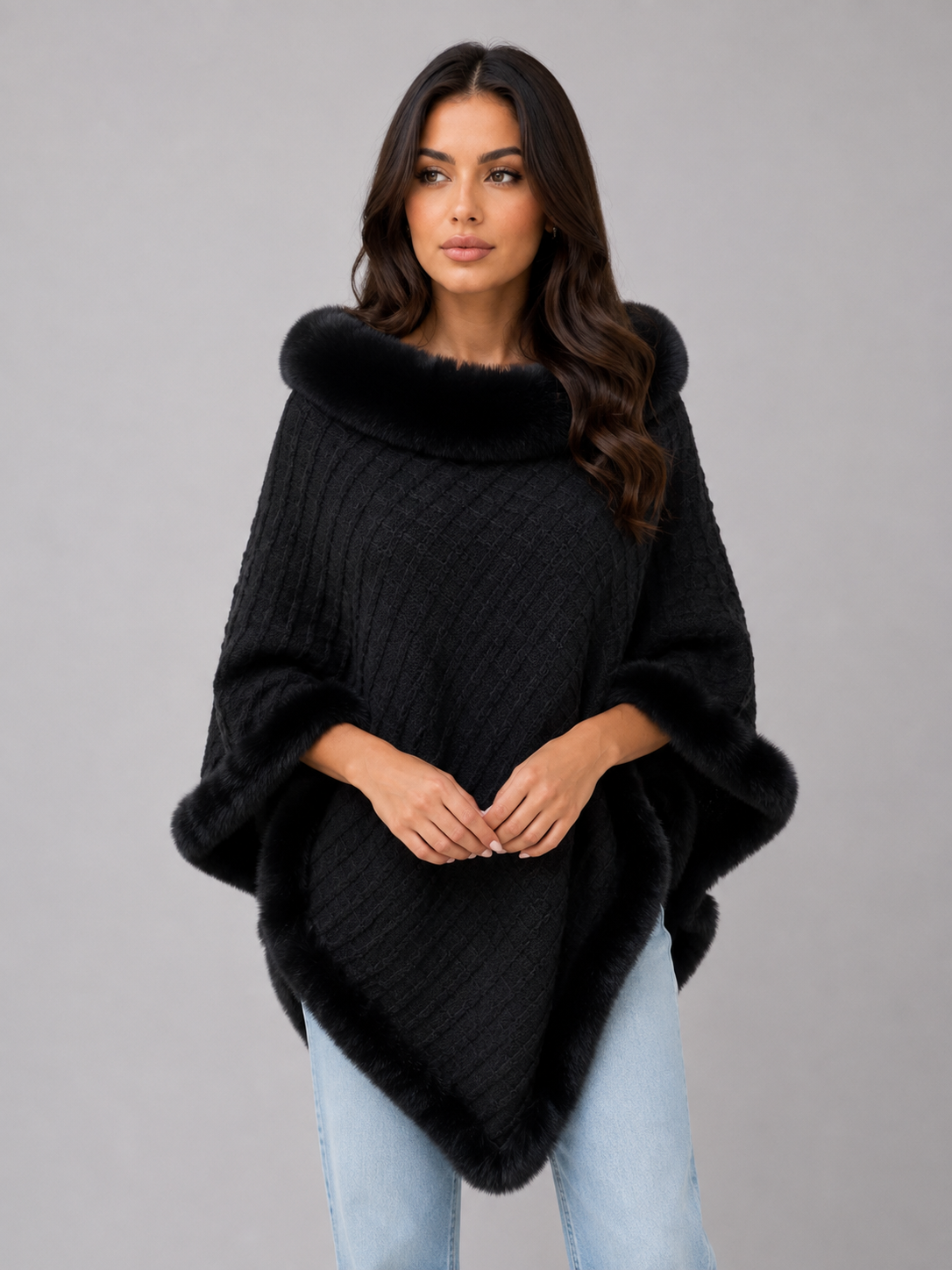 Women’s Knitted Cape Coat – Faux Fur Trim Poncho