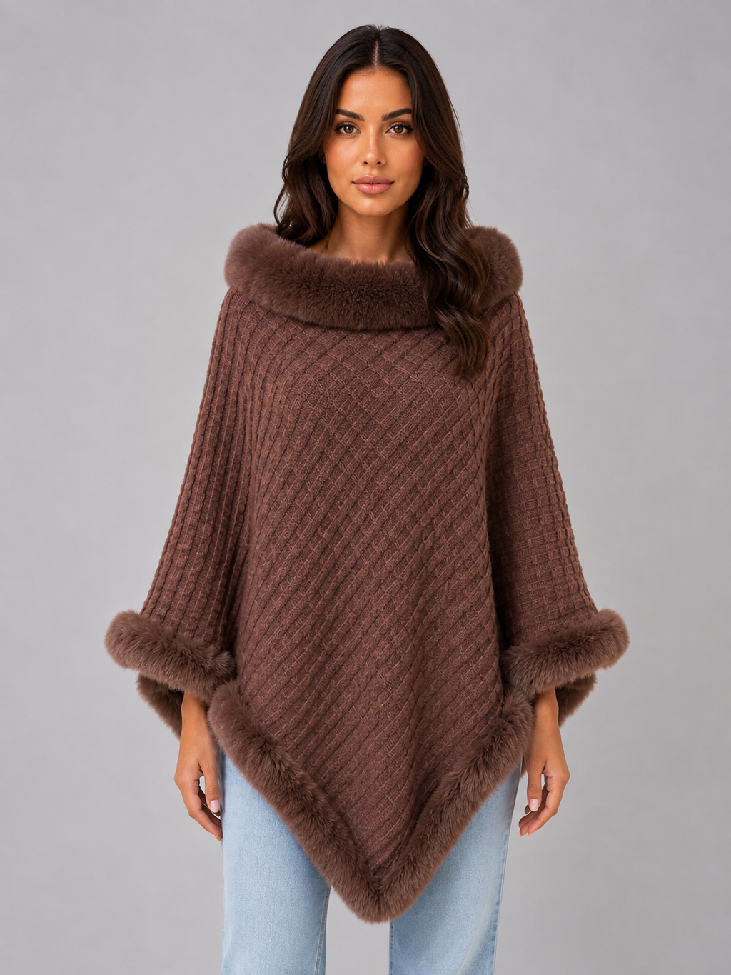 Women’s Knitted Cape Coat – Faux Fur Trim Poncho