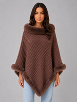 Women’s Knitted Cape Coat – Faux Fur Trim Poncho