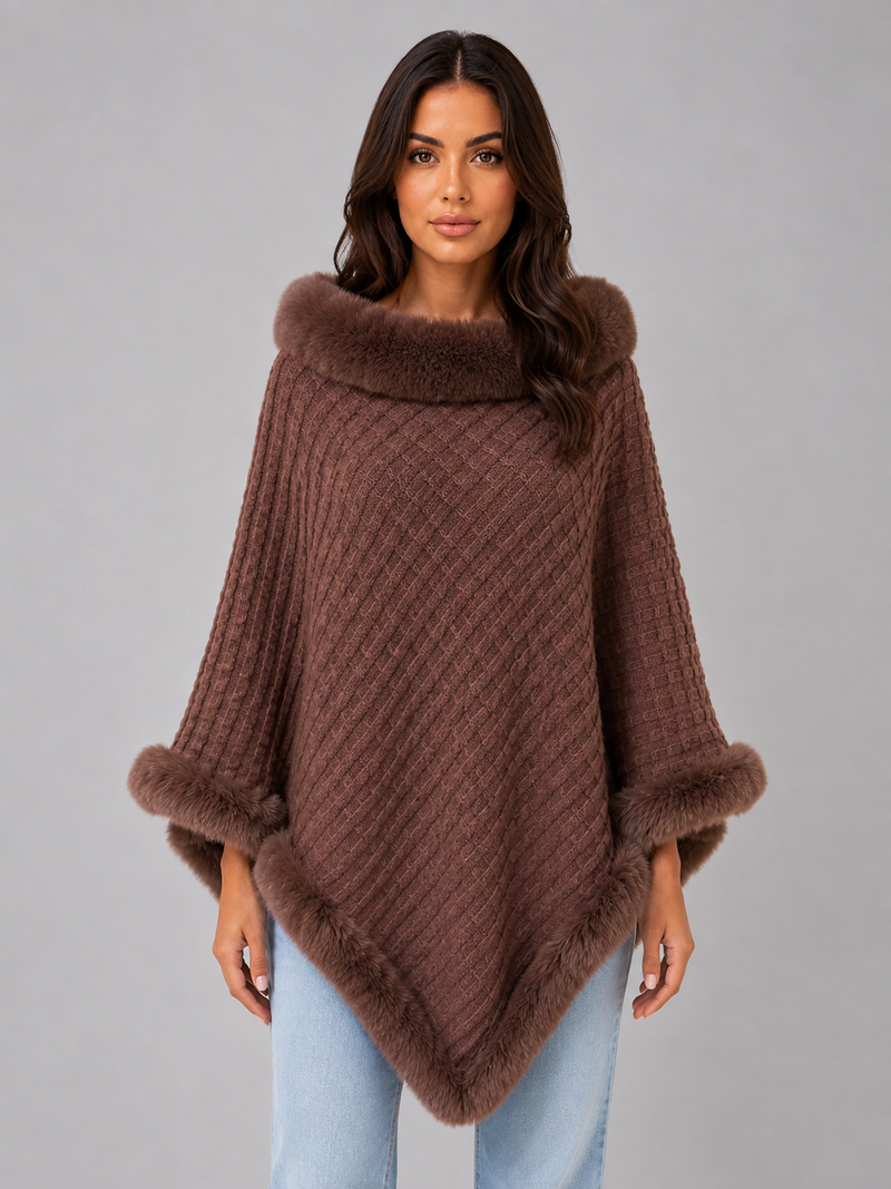 Women’s Knitted Cape Coat – Faux Fur Trim Poncho