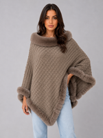Women’s Knitted Cape Coat – Faux Fur Trim Poncho