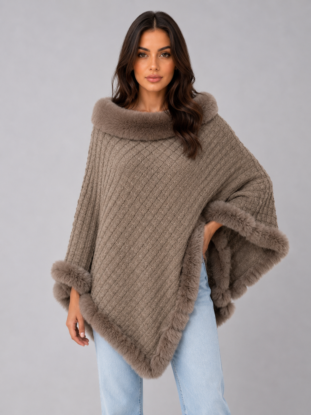 Women’s Knitted Cape Coat – Faux Fur Trim Poncho