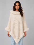 Women’s Knitted Cape Coat – Faux Fur Trim Poncho