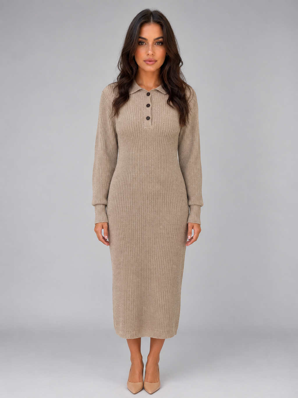 Women's Knitted Jumper Midi Dress – Long Sleeve Polo Button Neck