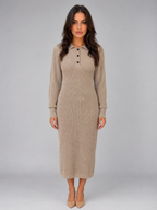 Women's Knitted Jumper Midi Dress – Long Sleeve Polo Button Neck