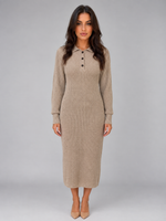 Women's Knitted Jumper Midi Dress – Long Sleeve Polo Button Neck