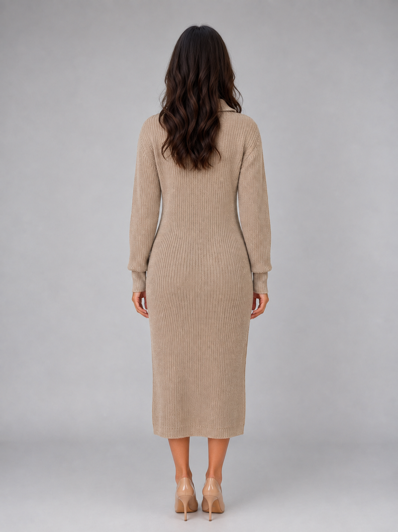 Women's Knitted Jumper Midi Dress – Long Sleeve Polo Button Neck