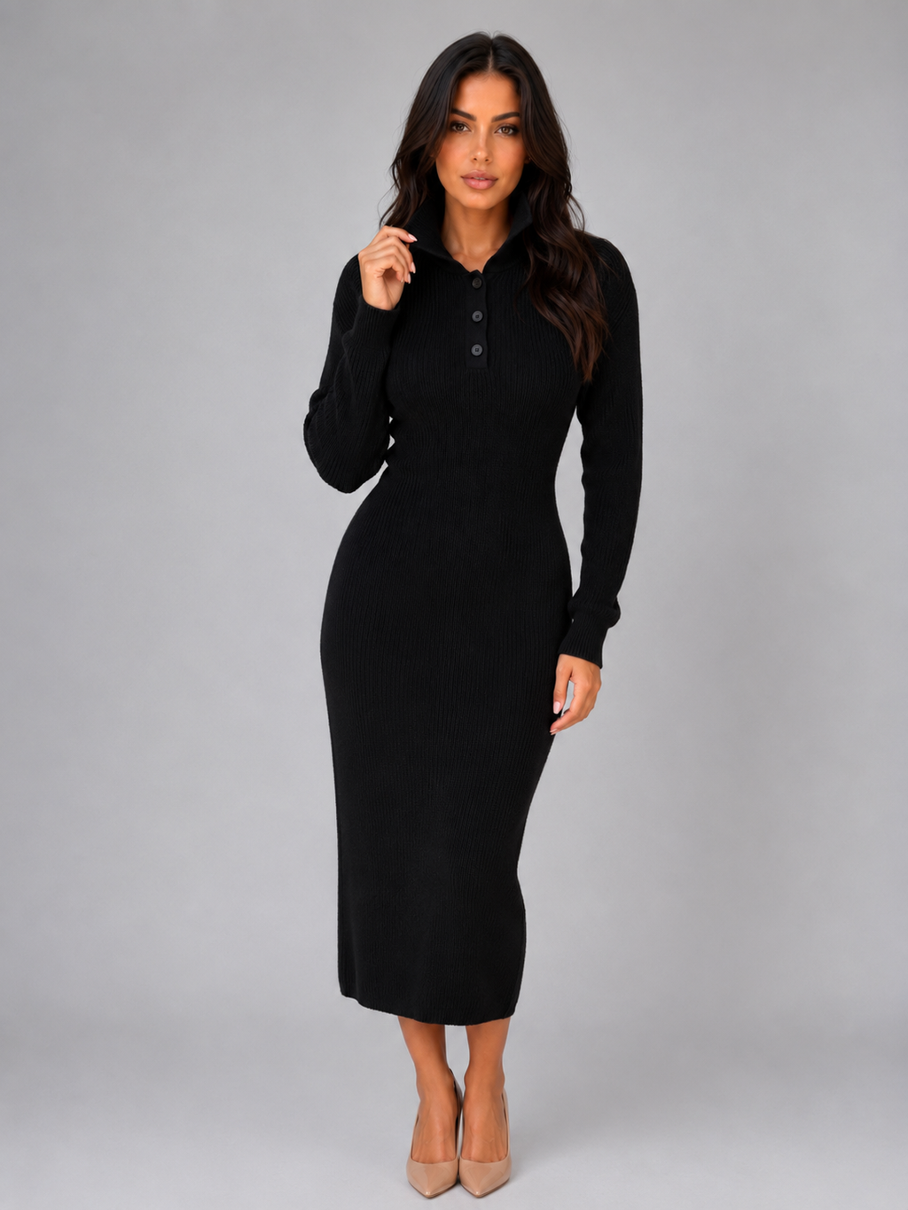 Women's Knitted Jumper Midi Dress – Long Sleeve Polo Button Neck