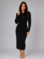 Women's Knitted Jumper Midi Dress – Long Sleeve Polo Button Neck