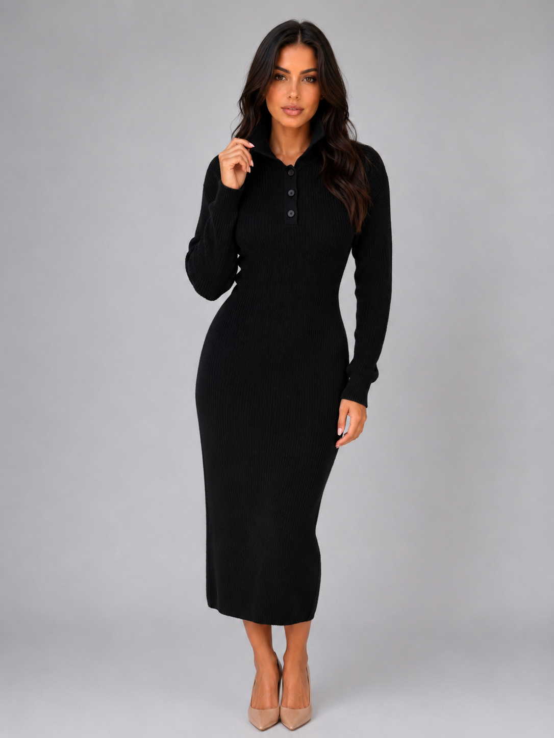 Women's Knitted Jumper Midi Dress – Long Sleeve Polo Button Neck