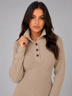 Women's Knitted Jumper Midi Dress – Long Sleeve Polo Button Neck