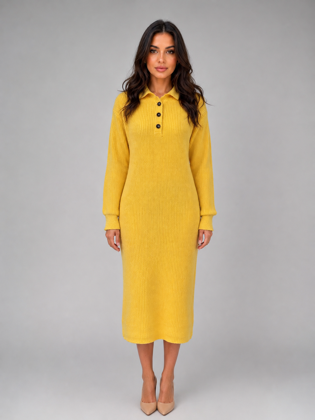 Women's Knitted Jumper Midi Dress – Long Sleeve Polo Button Neck