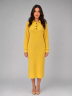 Women's Knitted Jumper Midi Dress – Long Sleeve Polo Button Neck
