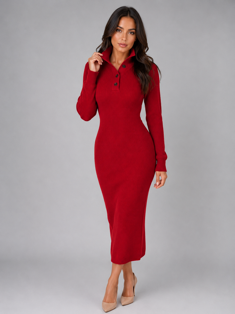 Women's Knitted Jumper Midi Dress – Long Sleeve Polo Button Neck