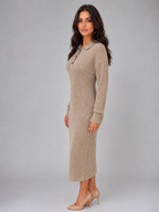 Women's Knitted Jumper Midi Dress – Long Sleeve Polo Button Neck