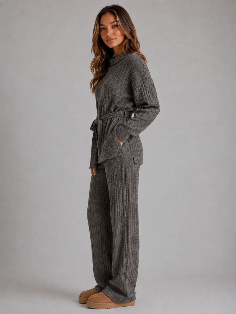 Women’s Knitted Two-Piece Set – Roll Neck Jumper & Wide Leg Trousers Outfit