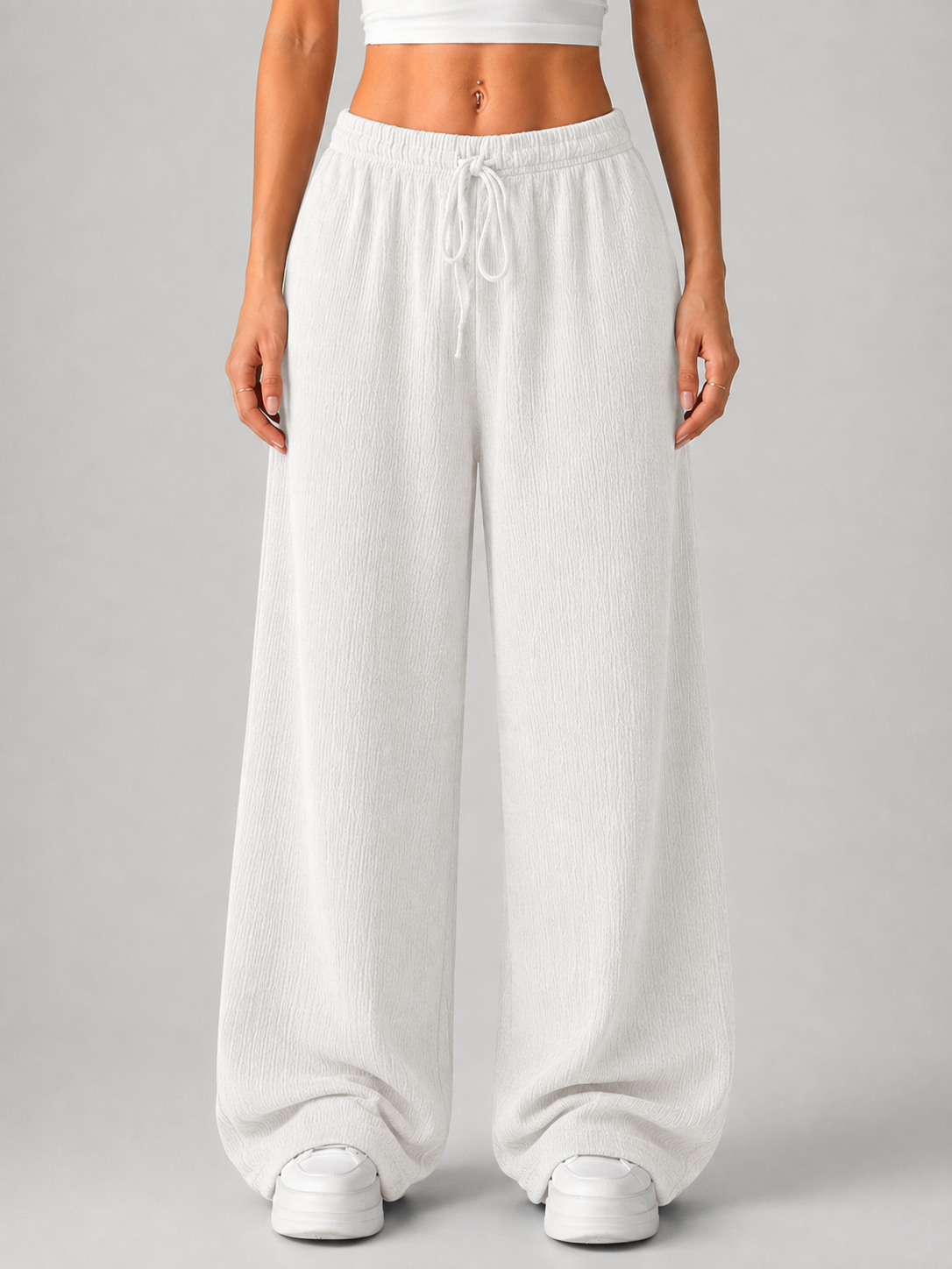 Women’s Knitted Wide Leg Trousers – High Waist Drawstring Pants
