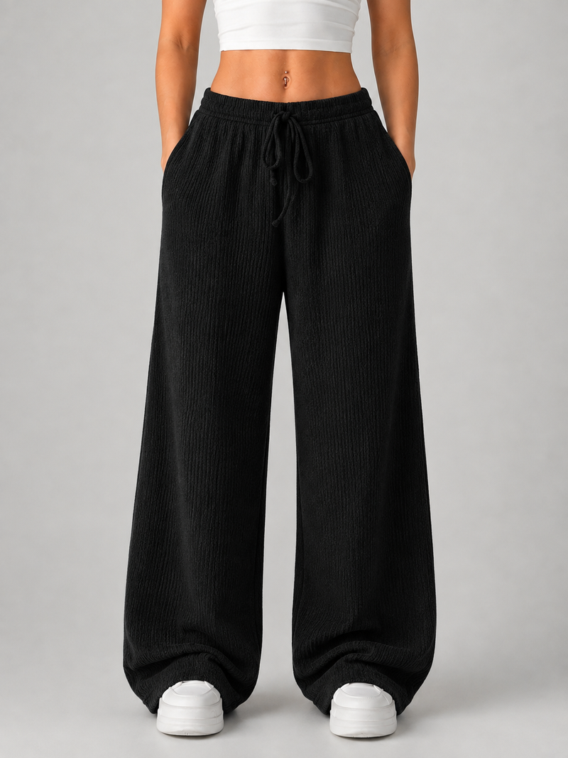 Women’s Knitted Wide Leg Trousers – High Waist Drawstring Pants