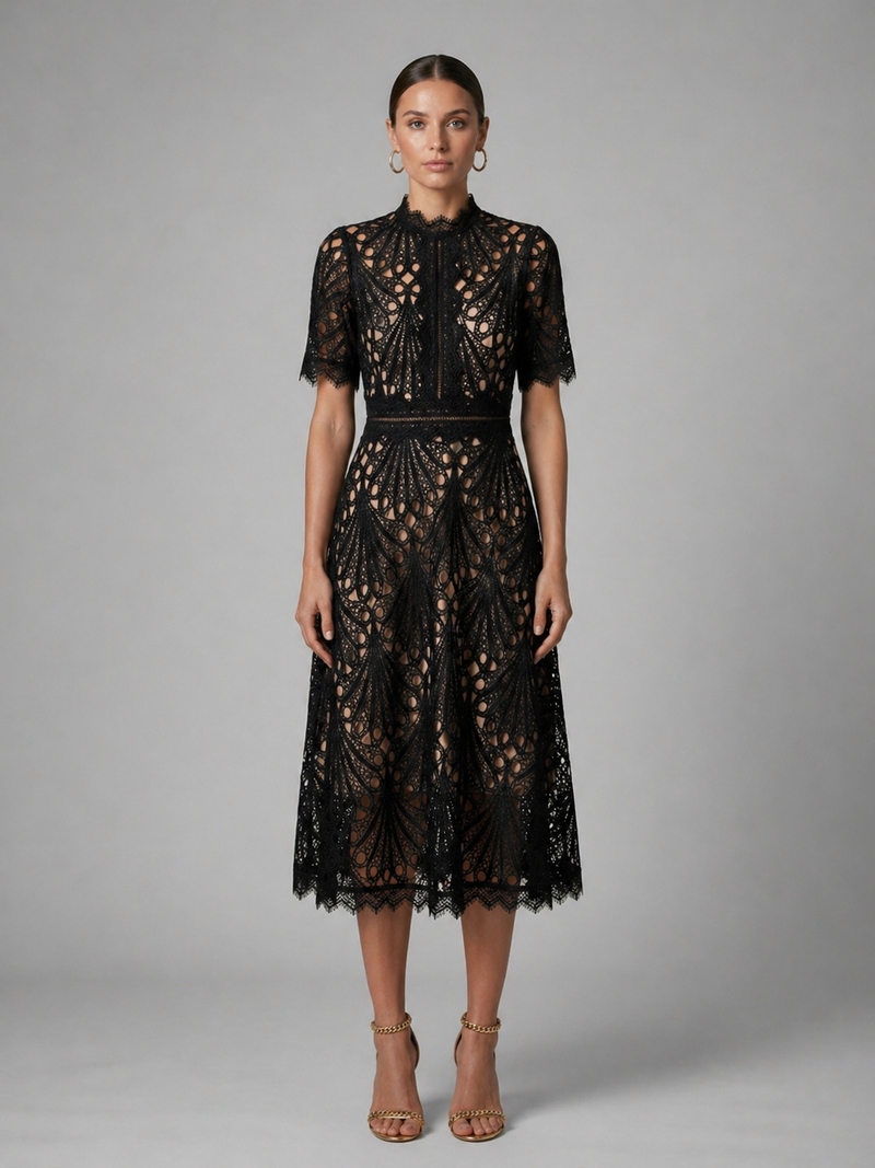 Women's Lace Midi Dress – High Neck Elegant A-Line Silhouette – Montleigh