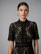 Women’s Lace Midi Dress – High Neck Elegant A-Line Silhouette