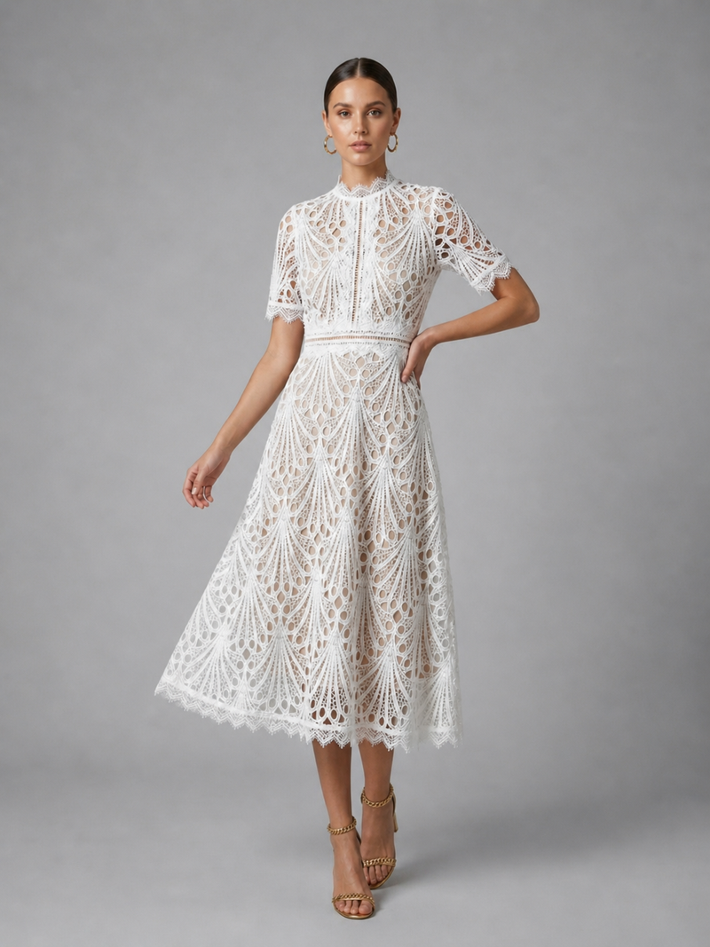 Women's Lace Midi Dress – High Neck Elegant A-Line Silhouette – Montleigh