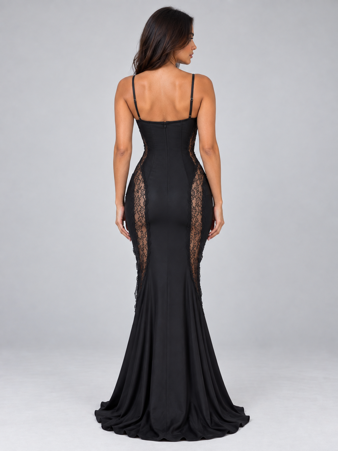 Women’s Lace Panel Maxi Dress – Fitted Black Evening Gown