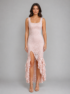 Women's Lace Ruffle Hem Maxi Dress – High Split Style